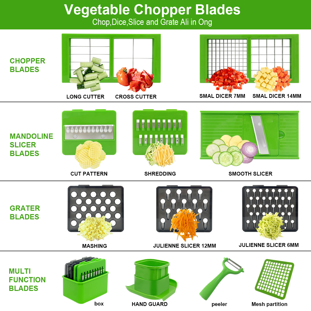 Green Multifunctional 14 in 1 Vegetable Chopper - 10 Blades