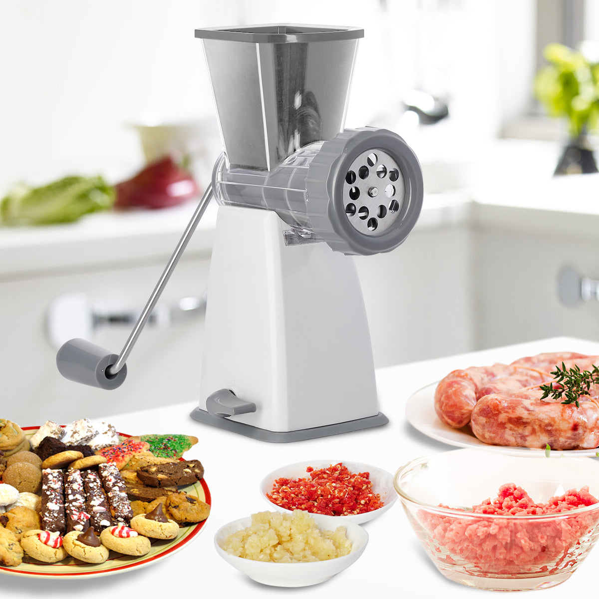 Manual Meat Grinder with Stainless Steel Blades -Gray