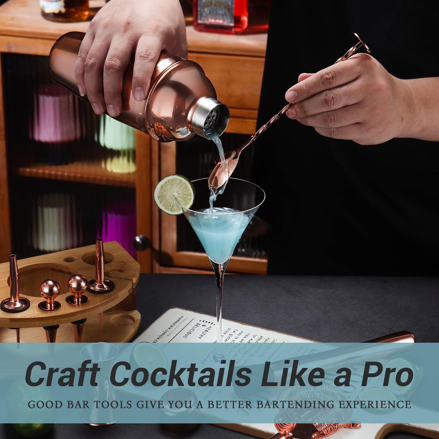 Cocktail Shaker Set Bartender Kit with Stand, 12 Piece Bar Set Drink Mixer Set with Stainless Steel Bar Accessories Tools