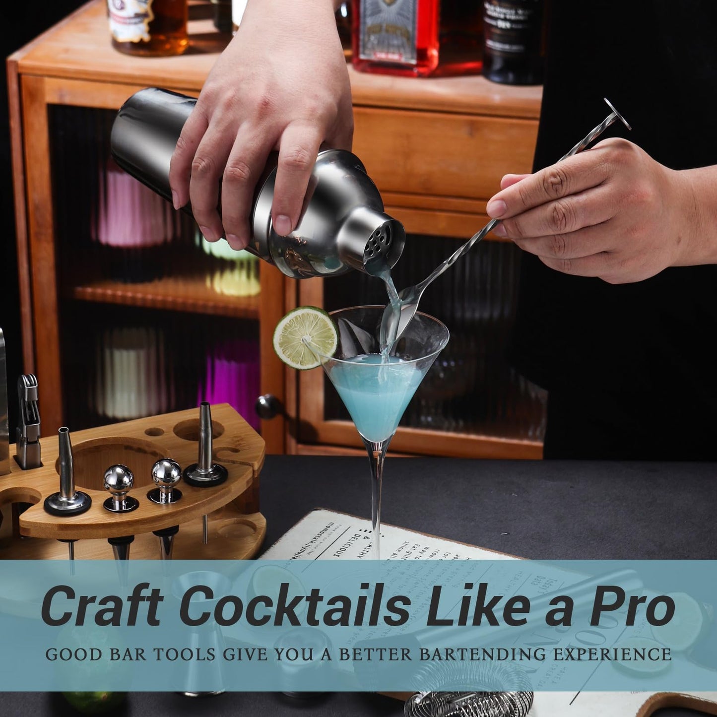 Cocktail Shaker Set Bartender Kit with Stand, 12 Piece Bar Set Drink Mixer Set with Stainless Steel Bar Accessories Tools