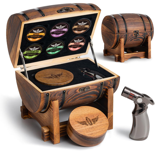 Whiskey Smoker Kit with Charred Wood Barrel (Patent Pending) – Cocktail Smoker with Torch & 6 Premium Wood Chips for Old Fashioned & Whiskey