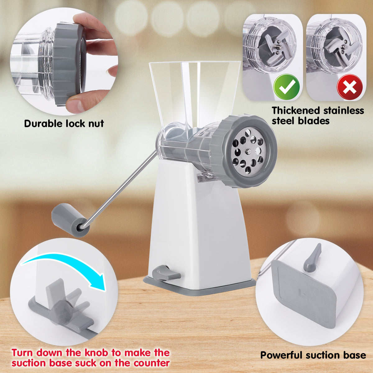 Manual Meat Grinder with Stainless Steel Blades -Gray