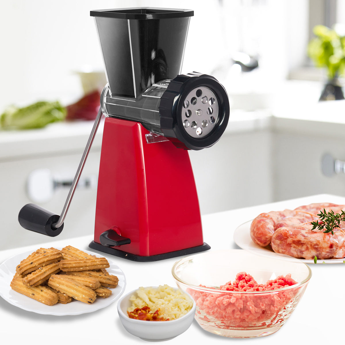 Manual Meat Grinder with Stainless Steel Blades -Red